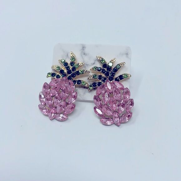 Pink Crystal Gem Pinaepple Studs Post Earrings - Picture 5 of 7